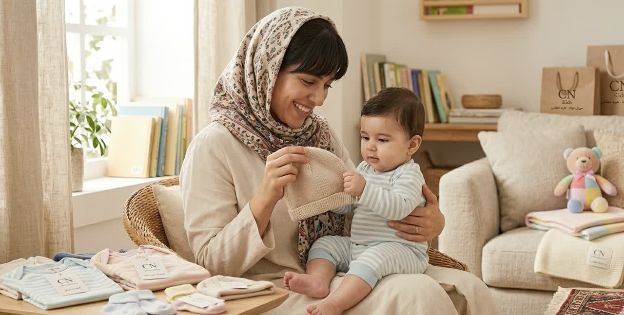 مادر و نوزاد با لباس سرهمی نوزادی شیک و با کیفیت