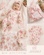 جزئیات پارچه و لطافت سرهمی نوزادی گل‌گلی Little Me