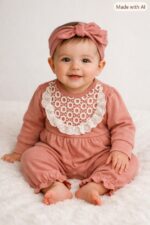 جزئیات دوخت، یقه توری گیپور و هدبند ست سرهمی بیلز نوزادی بگسیا