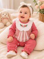 جزئیات دوخت و پارچه ارگانیک رامپر نوزادی دخترانه گل‌بهی