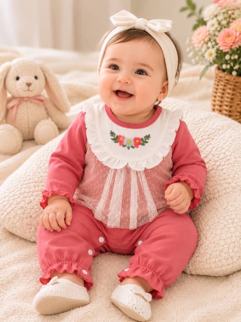 جزئیات دوخت و پارچه ارگانیک رامپر نوزادی دخترانه گل‌بهی