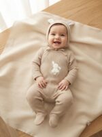 جزئیات دوخت، بافت طرح‌دار بیسکویتی و کیفیت پارچه ارگانیک ست سرهمی خرگوش
