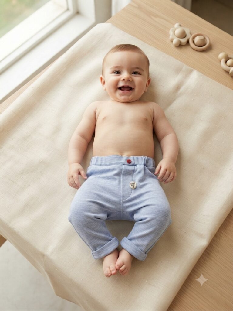 جزئیات دوخت و پارچه ارگانیک شلوار پیشبندی نوزادی پسرانه آبی