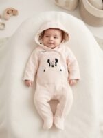 جزئیات دوخت و پارچه ارگانیک سرهمی کلاه‌دار نوزادی میکی صورتی